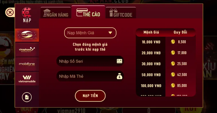 Nạp tiền qua thẻ cào an toàn - nhanh chóng - tiền vào tài khoản chỉ sau 5 phút!